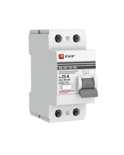 УЗО ВД-100 2P 25А 30мА тип AC эл-мех  PROxima (elcb-2-25-30-em-pro). Выключатель дифференциального тока (УЗО). EKF в Реутове