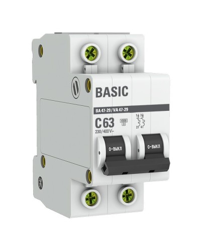 Автоматический выключатель 2P 63А (C) 4,5кА ВА 47-29 Basic (mcb4729-2-63C). Автоматический выключатель. EKF в Реутове