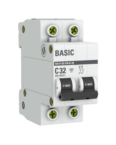 Автоматический выключатель 2P 32А (C) 4,5кА ВА 47-29 Basic (mcb4729-2-32C): Автоматический выключатель в Реутове