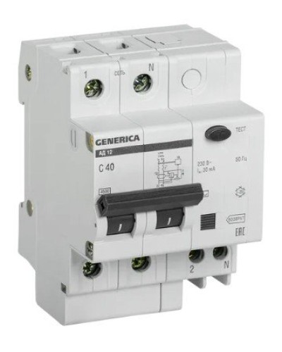 GENERICA АД12 2Р 40А 30мА (MAD15-2-040-C-030). Автоматический выключатель дифференциального тока. IEK в Реутове