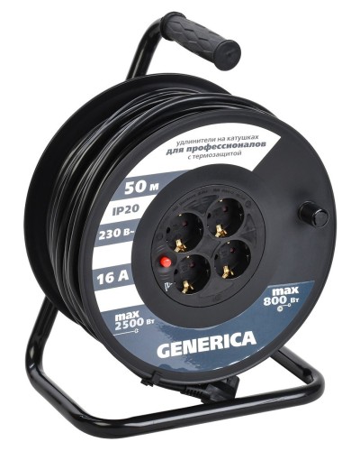 УК50 4 места 2P+PE, 50м GENERICA (WKP20-16-04-50-G). Удлинитель на катушке с термозащитой, 3х1,5кв.мм. IEK в Реутове