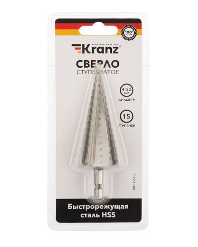 Сверло по металлу ступенчатое 4,0-32,0 мм 102 mm 62 HRC Kranz (KR-12-6603): Сверло по металлу шлифованное в Реутове
